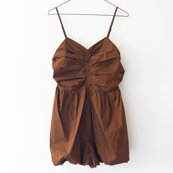 Endless Rose Shirred Blouson Romper in Camel Brown with Puffed Shorts Size S - Picture 6 of 10